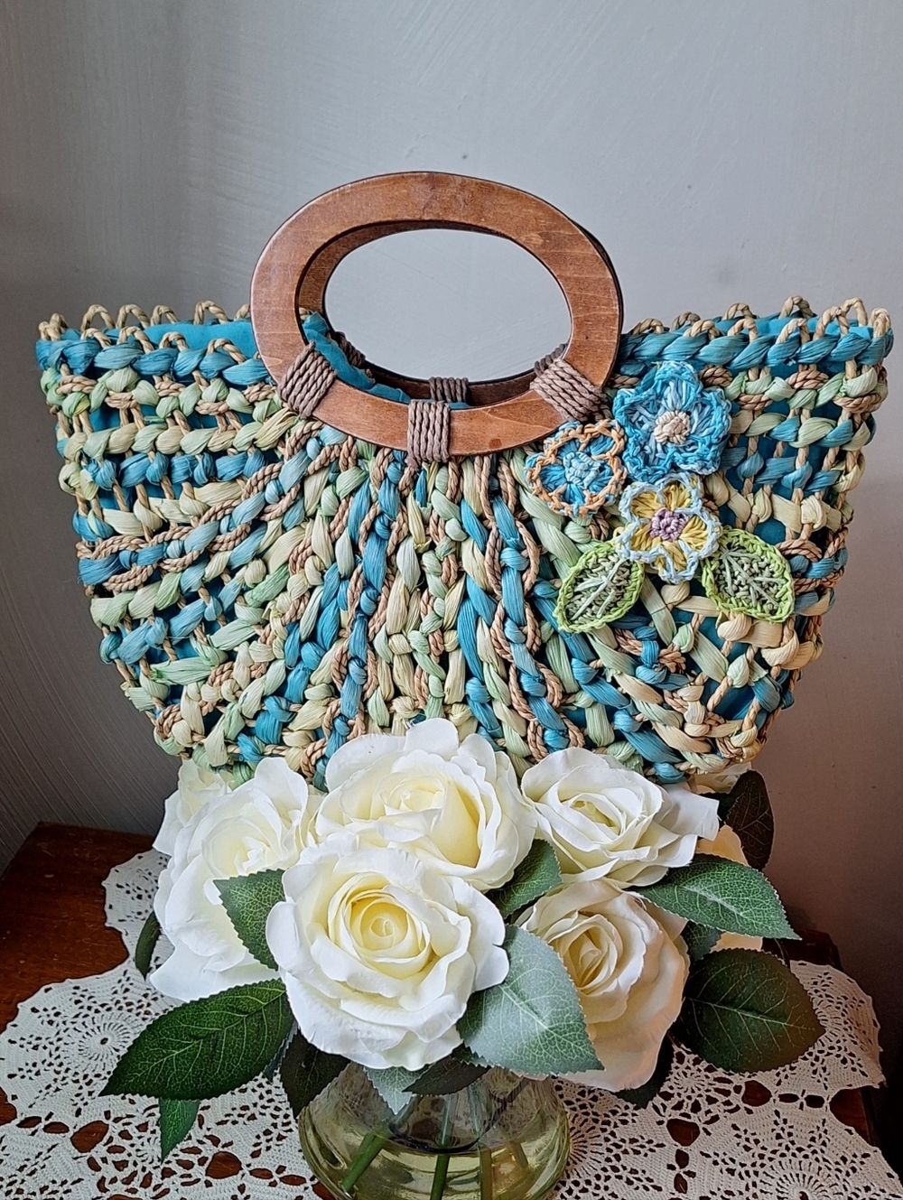 Capelli Straworld INC Woven Straw & Raffia Bag With Raffia Flowers